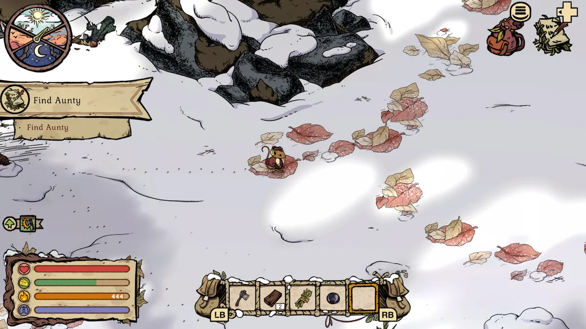 Winter Burrow mouse following a trail of pink and tan leaves through snow with the Find Aunty objective on screen