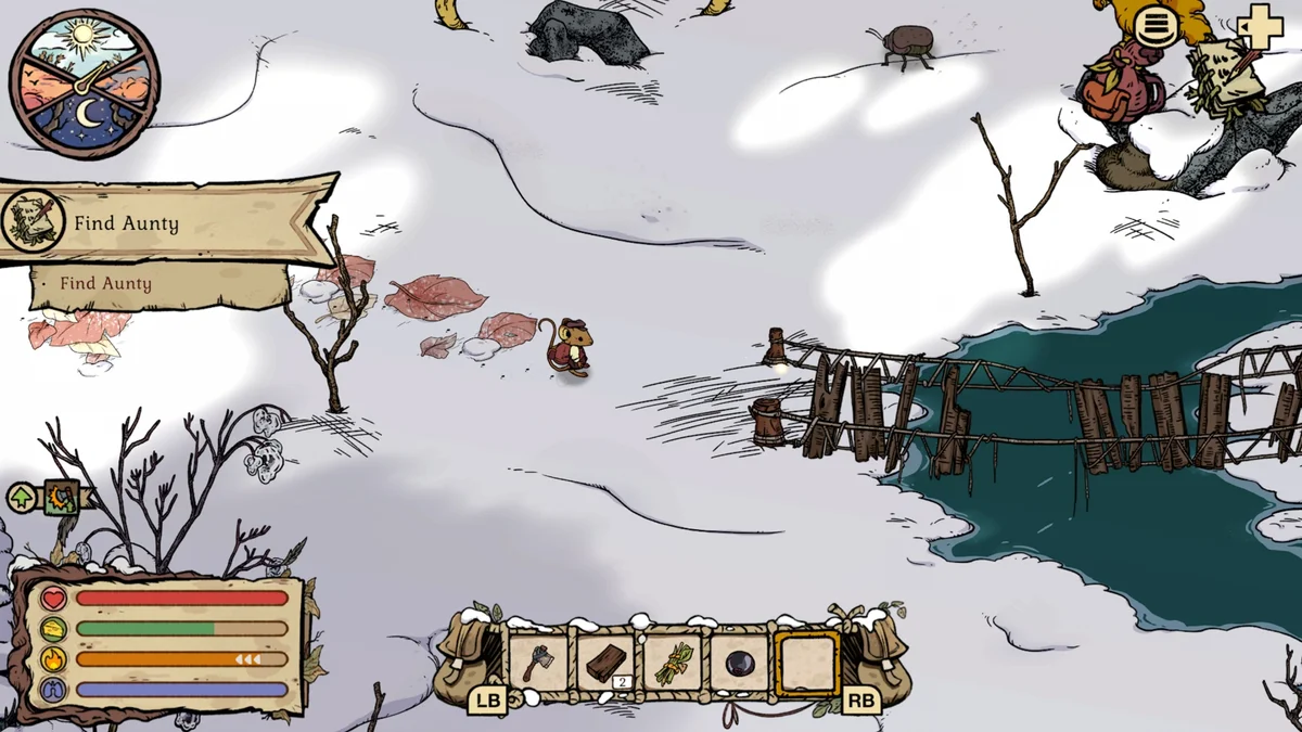 Winter Burrow mouse standing at the broken fallen bridge over water in the snow