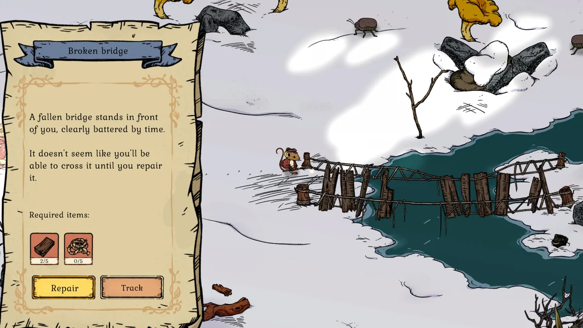 Winter Burrow Broken bridge interaction panel showing required items with counters at 2 of 5 and 0 of 5, and Repair and Track buttons