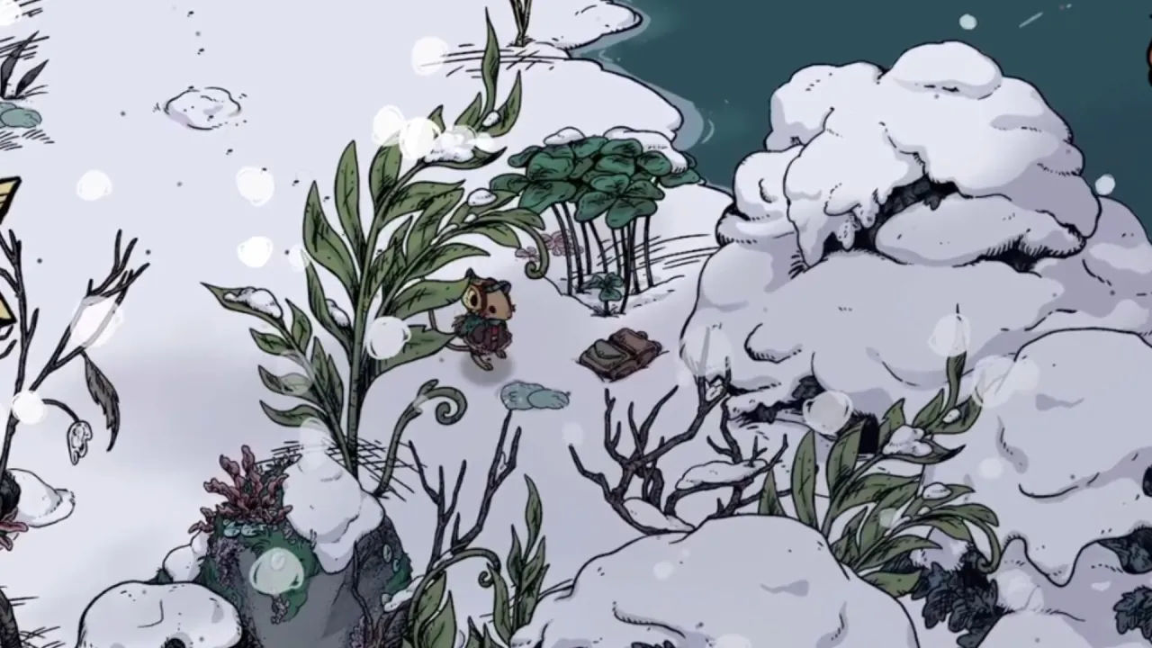 Abandoned Backpack beside Clover and a snow-covered rock south of Bufo in Winter Burrow