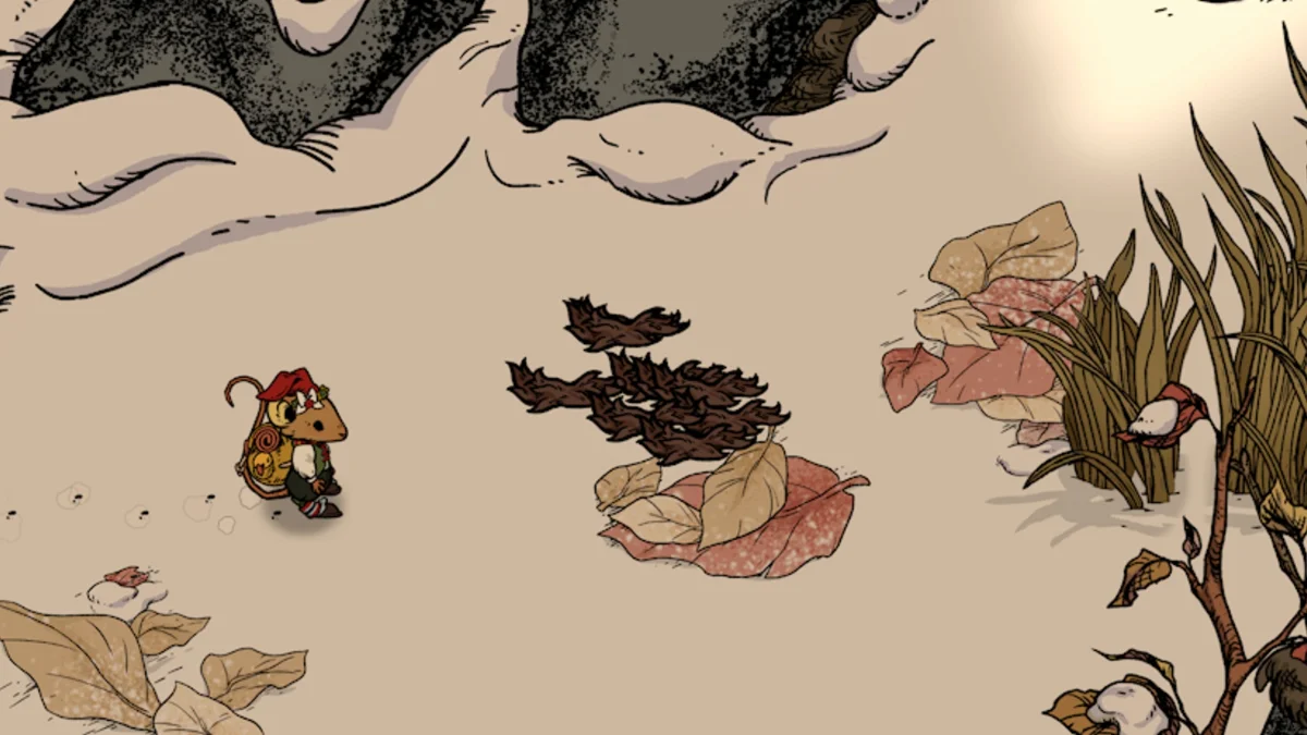 Winter Burrow mouse standing next to a cluster of fur tufts lying on the ground