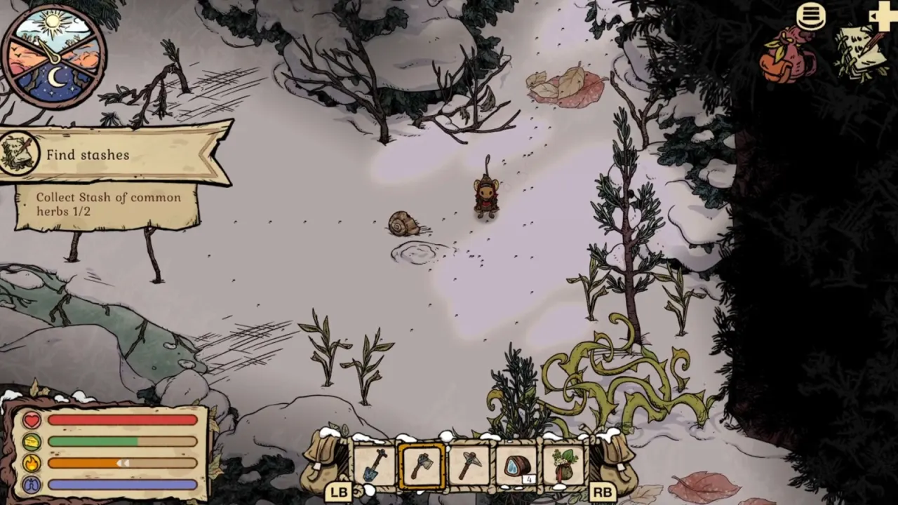 Winter Burrow first Gnawtusk stash beside a large snail shell with the quest counter at 1 of 2