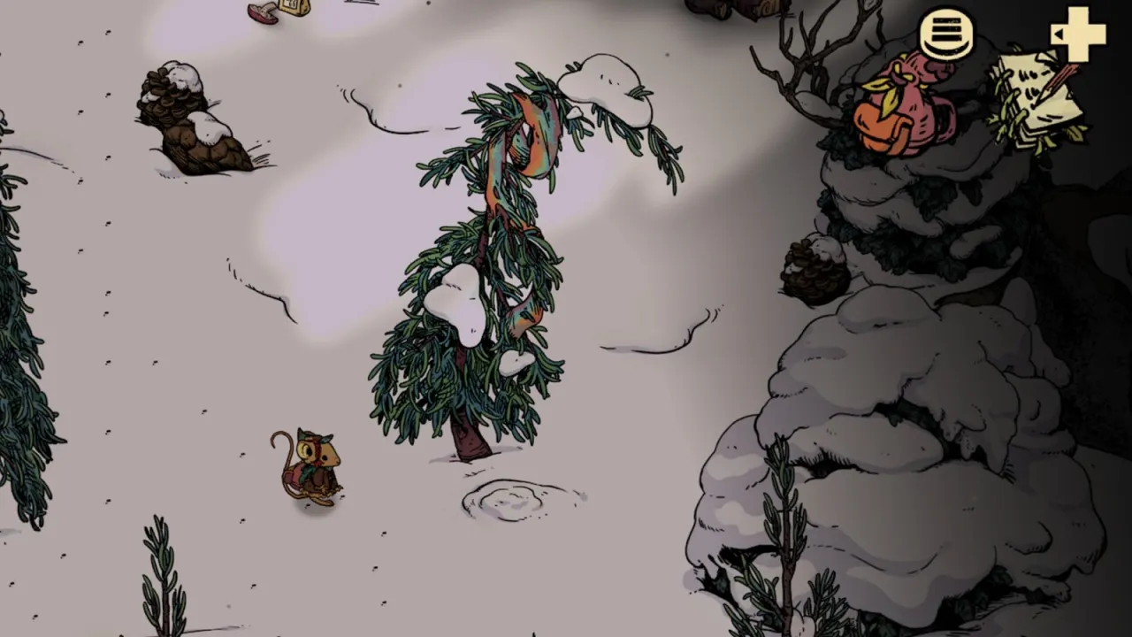 Winter Burrow second Gnawtusk stash dig spot below the pine tree with a scarf caught in its branches