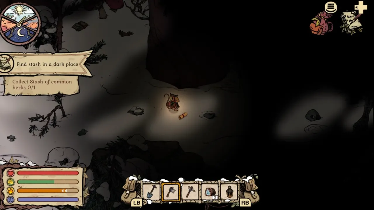 Winter Burrow dark-place Gnawtusk objective near the Witchstone route with Lantern equipped