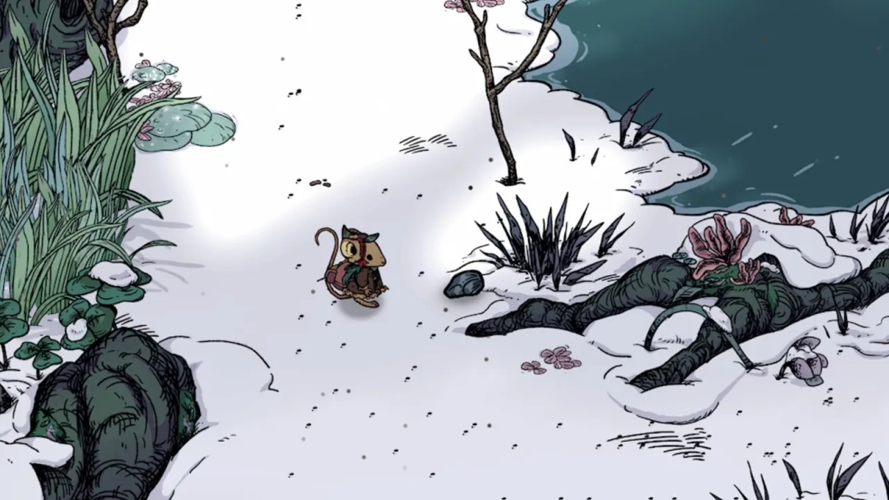 Winter Burrow loose Granite chunk on snow near water and roots