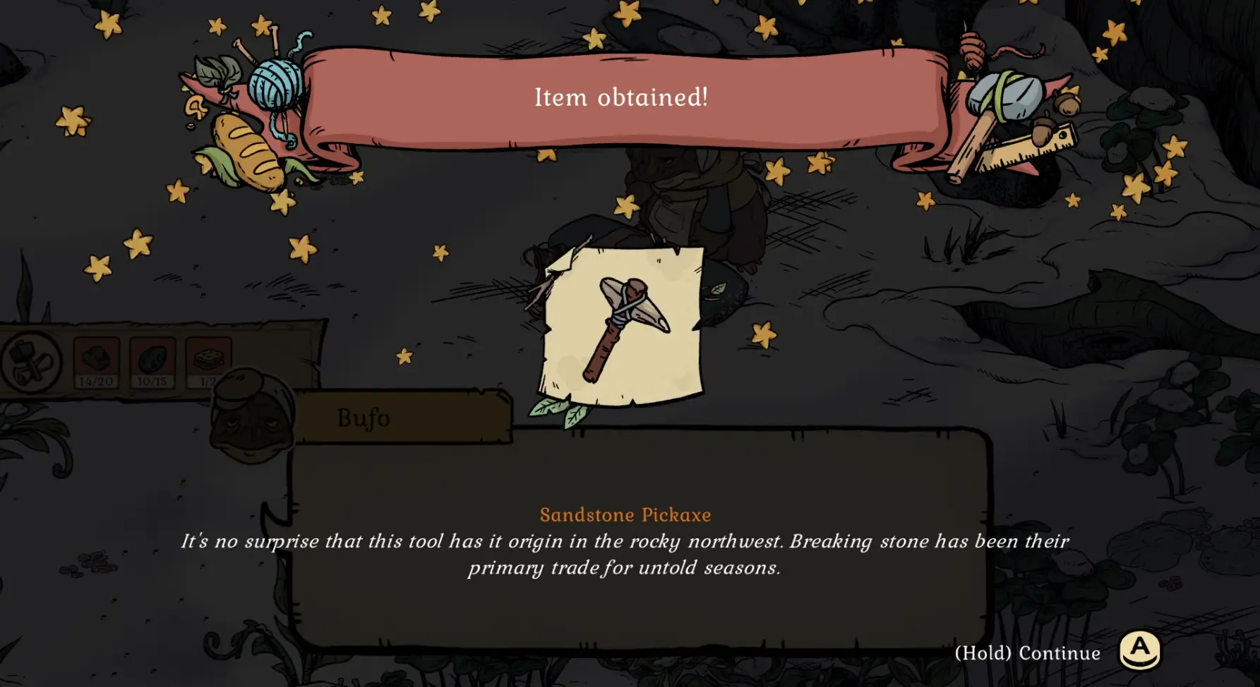 Winter Burrow Item obtained screen showing the Sandstone Pickaxe reward from Bufo
