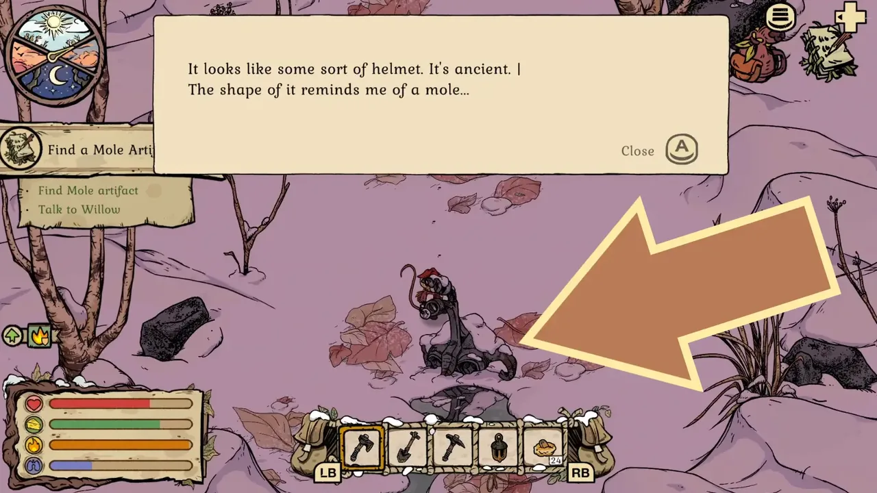 Ancient Mole Helmet half-buried in snow and dirt with Talk to Willow active