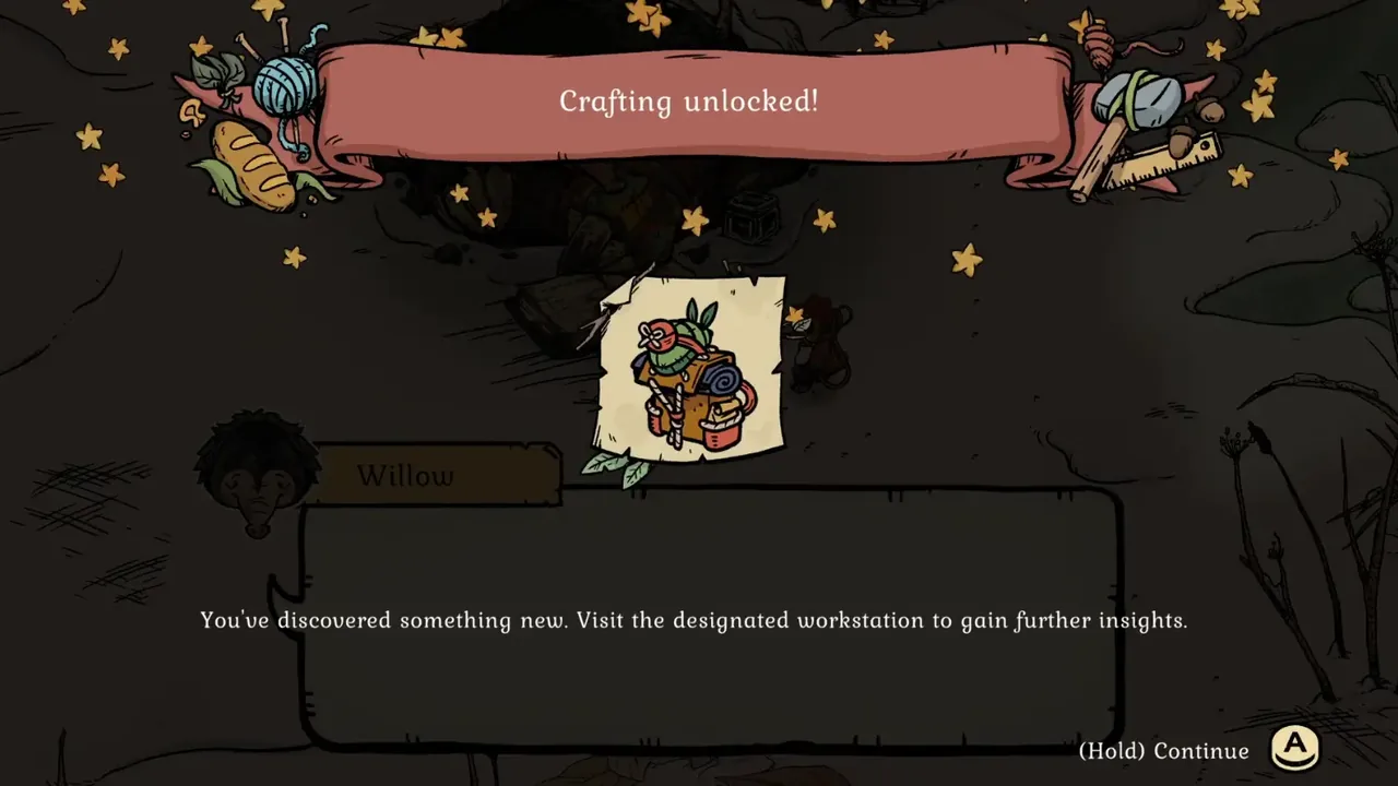 Crafting unlocked screen showing the backpack design reward from Willow
