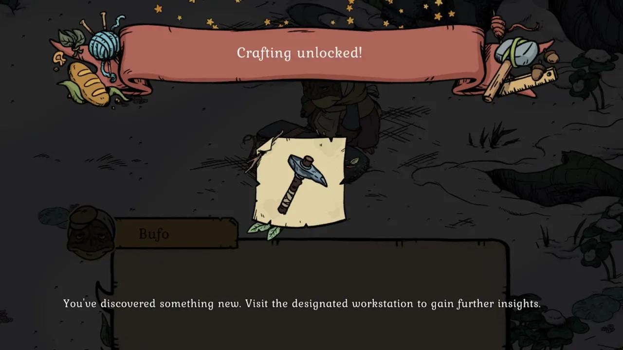 Winter Burrow Crafting unlocked screen showing the Granite Pickaxe after Bufo progression