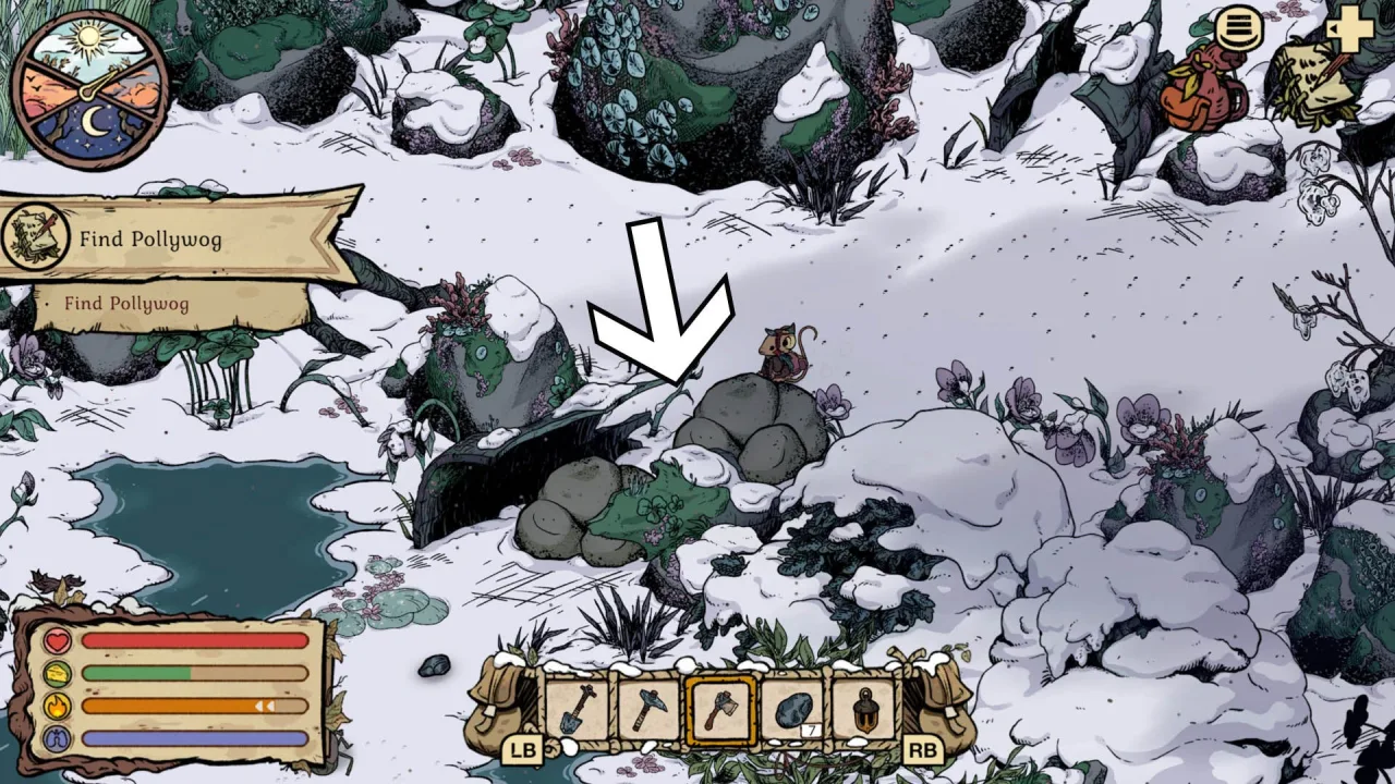 Winter Burrow Find Pollywog objective with an arrow marking the first stone boulder pile south of Bufo