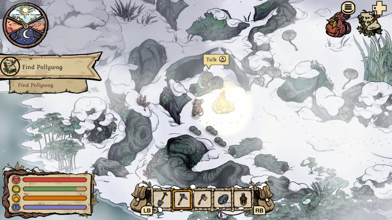 Pollywog sitting beside a lit campfire with the Talk prompt visible in Winter Burrow