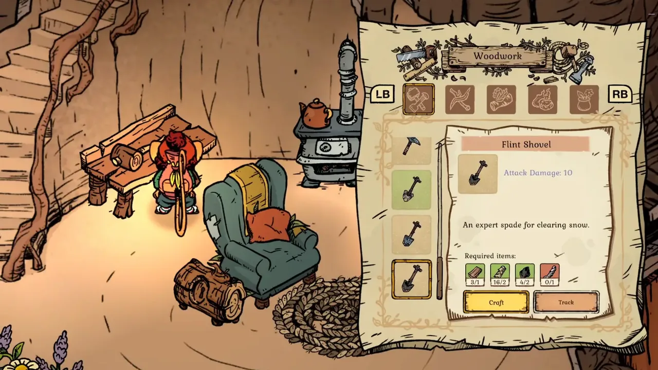 Flint Shovel selected in the Woodwork crafting menu inside the burrow