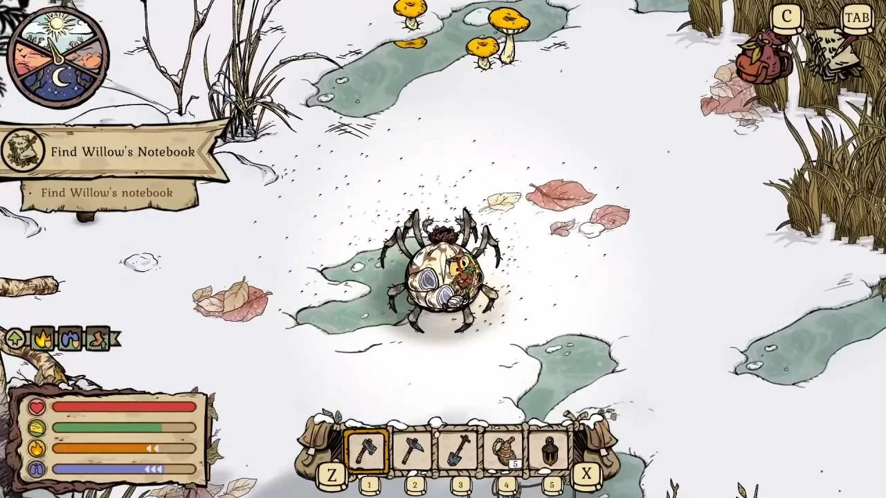 Winter Burrow mouse in close combat with a large pale spider on snowy ground