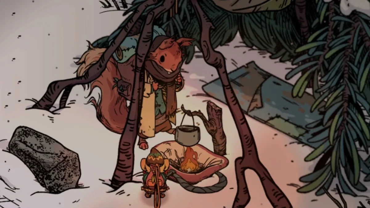 Winter Burrow Gnawtusk the squirrel in a scarf and coat standing by his fire with a cooking pot