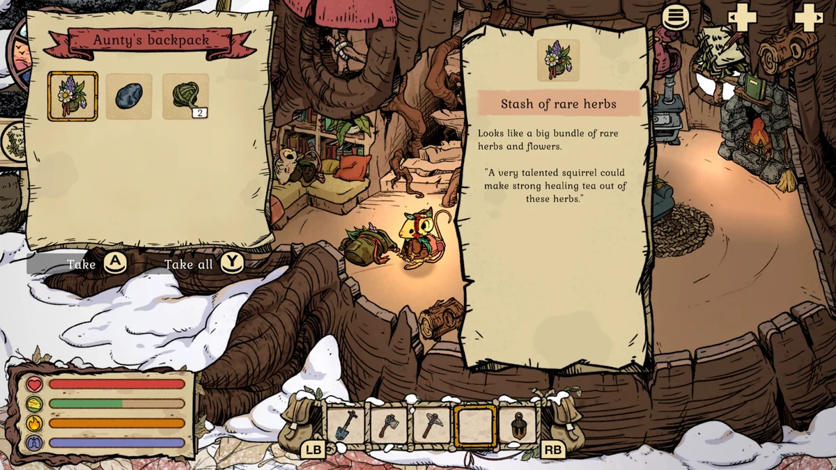 Winter Burrow Aunty backpack inventory open showing a Stash of rare herbs item and its description