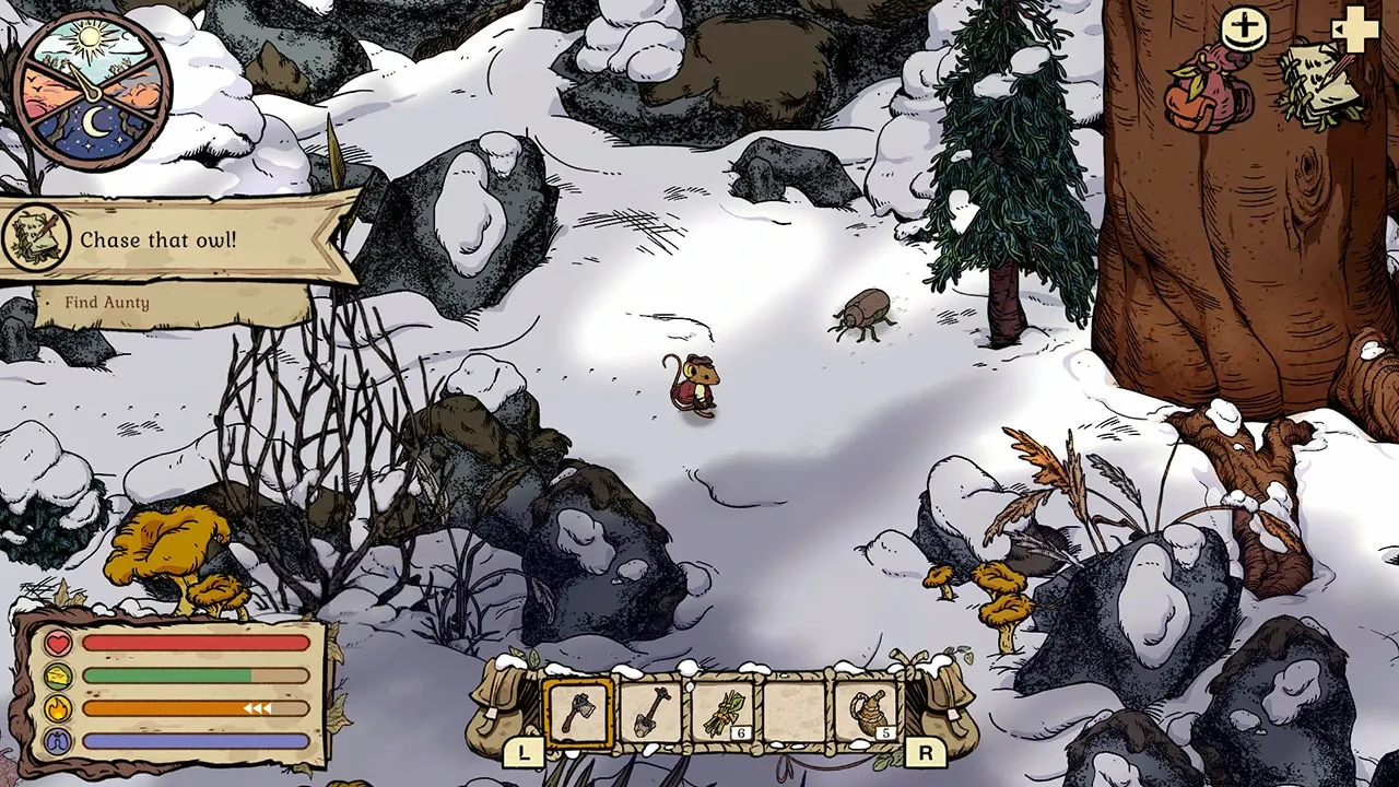 Official Nintendo Switch Winter Burrow screenshot showing the field HUD and L and R quick-bar prompts