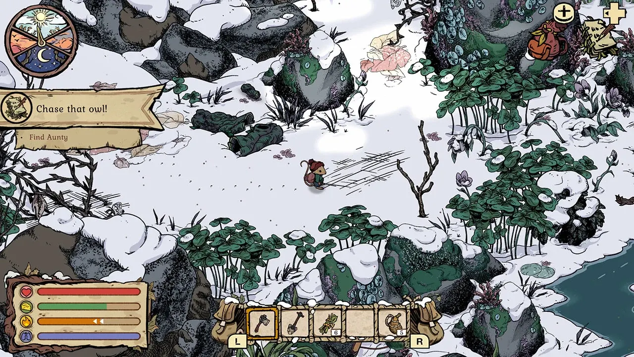 Official Nintendo Switch Winter Burrow gameplay screenshot showing a snowy route and Switch quick-bar controls