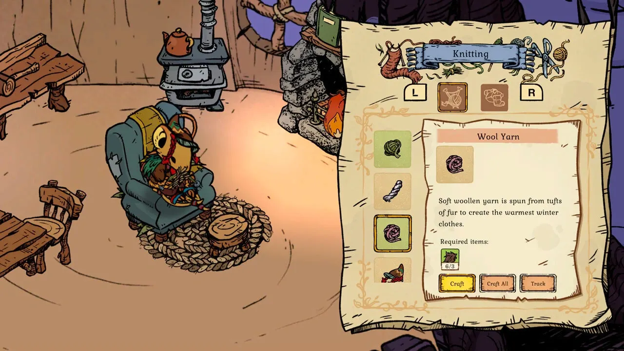 Official Nintendo Switch Winter Burrow screenshot showing the knitting menu and Wool Yarn recipe text