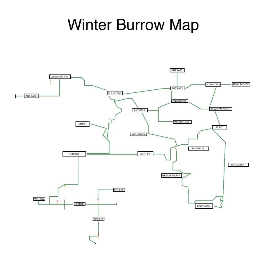 Winter Burrow map feature reference screenshot for route orientation